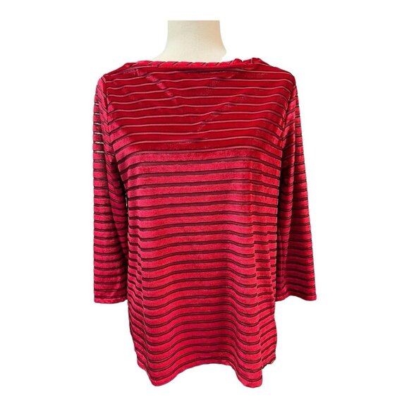 Jones New York Striped Blouse~Size Small~Red Black Sheer Velvet Feel Top L1 04 - Picture 1 of 9